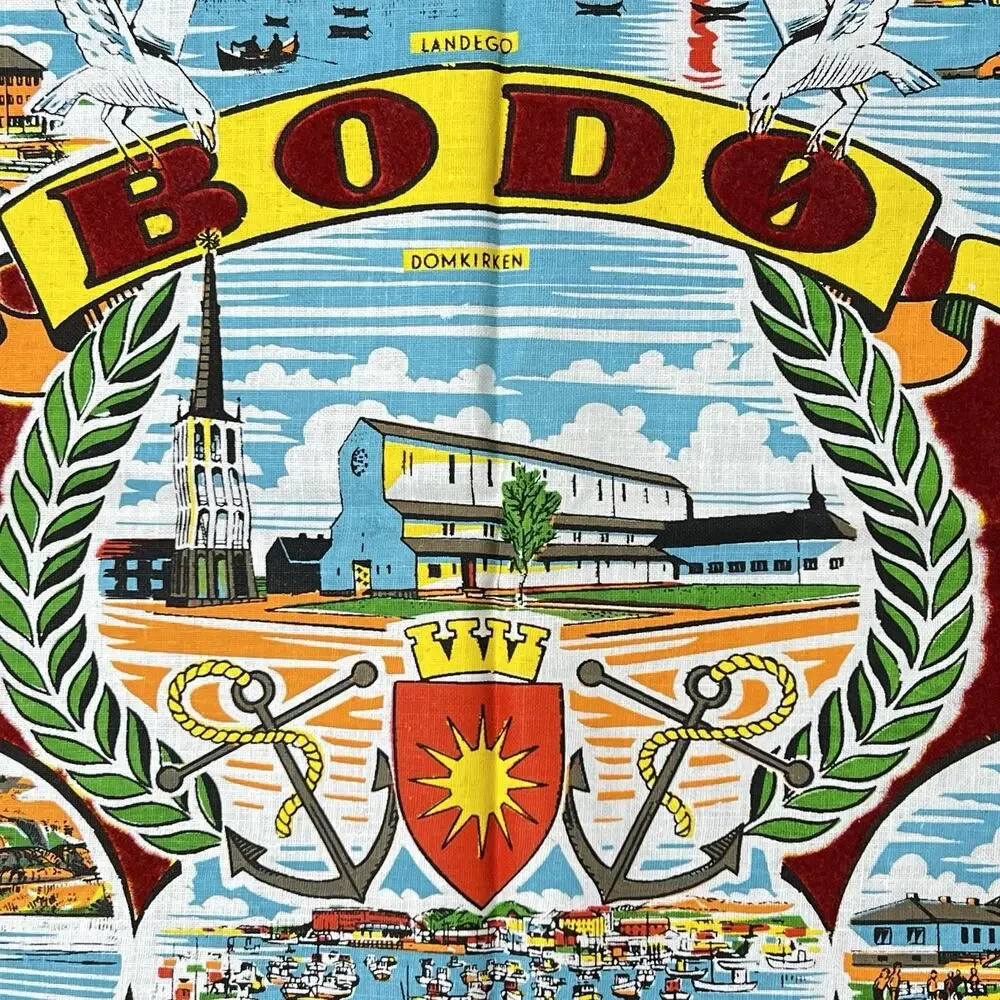 Table Mat Norway Fabric Bodo Landmarks Red Yellow 16x11 Colorful Souvenir Vtg